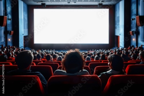 Cinema blank screen and people in red chairs in the cinema hall. Blurred People silhouettes watching movie performance. generative ai.