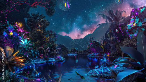 surrealism collage, cut and paste style scene illuminated by the soft neon glow of an EDM jungle against the backdrop of a starry night