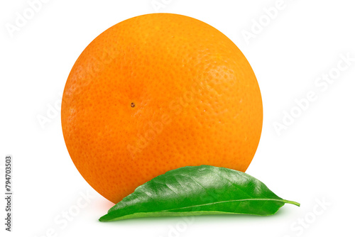 Tangerine or orange with leaf on isolated white background.