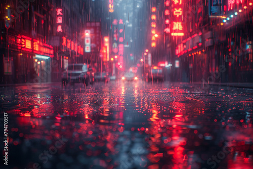 Digital rain cascading down a neon-lit alleyway, reflecting the urban landscape in a shimmering cascade of light and shadow in a surreal display of digital artistry.