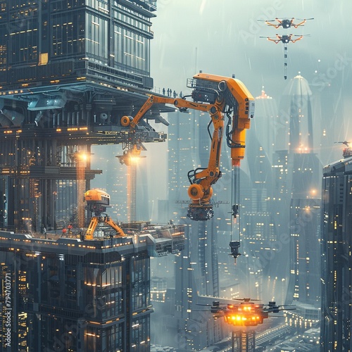Futuristic construction tech with robots and drones collaboratively working on a building photo