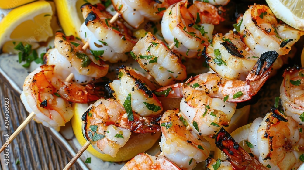Grilled seafood skewers served with lemon wedges Grilled seafood skewers served with lemon wedges