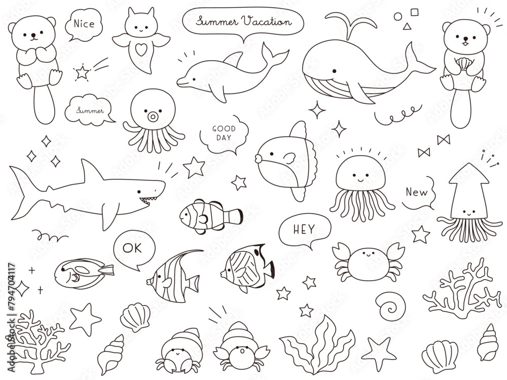 かわいい海の生き物のベクターイラストセット。海、水族館、線、線画 かわいい海の生き物のベクターイラストセット。海、水族館、線、線画