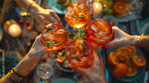 Friends toasting, saying cheers holding tropical aperol spritz cocktails, Top view of dinner table © Food Cart