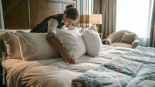 A maid tidying up a luxury hotel room, focusing on arranging pillows on the bed