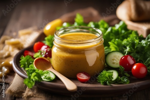 'homemade honey mustard salad dressing jar fresh cooking cookery food healthy herb ingredient calorie diet garlic gastronomy glasses light natural alimentary pepper savoury sour spice vegetarian' photo