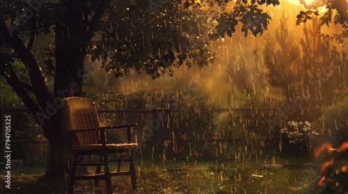 An illustration of nostalgic memories as rain falls, wetting a garden chair amidst the ambiance of a sunset photo