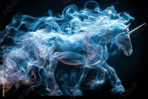 Mystical smoke unicorn on dark background