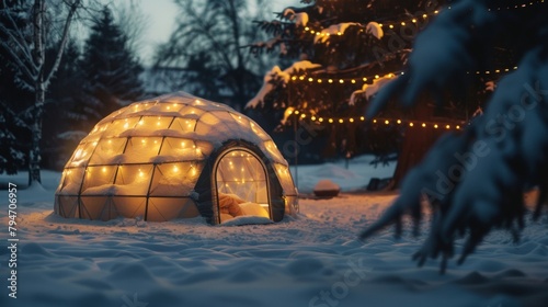 The igloo is equipped with an infrared heated floor ensuring you stay warm and toasty during cold winter nights. 2d flat cartoon. photo