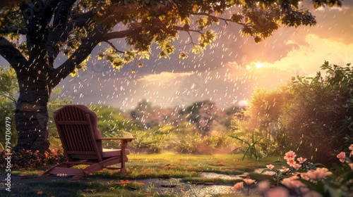 An illustration of raindrops wetting the ground beneath a lush tree, with a single classic traditional wooden chair. A moment of cool nostalgia and memories with a sunset sky and rain photo