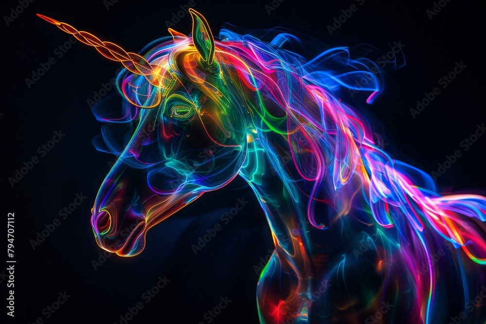 Neon unicorn on black background