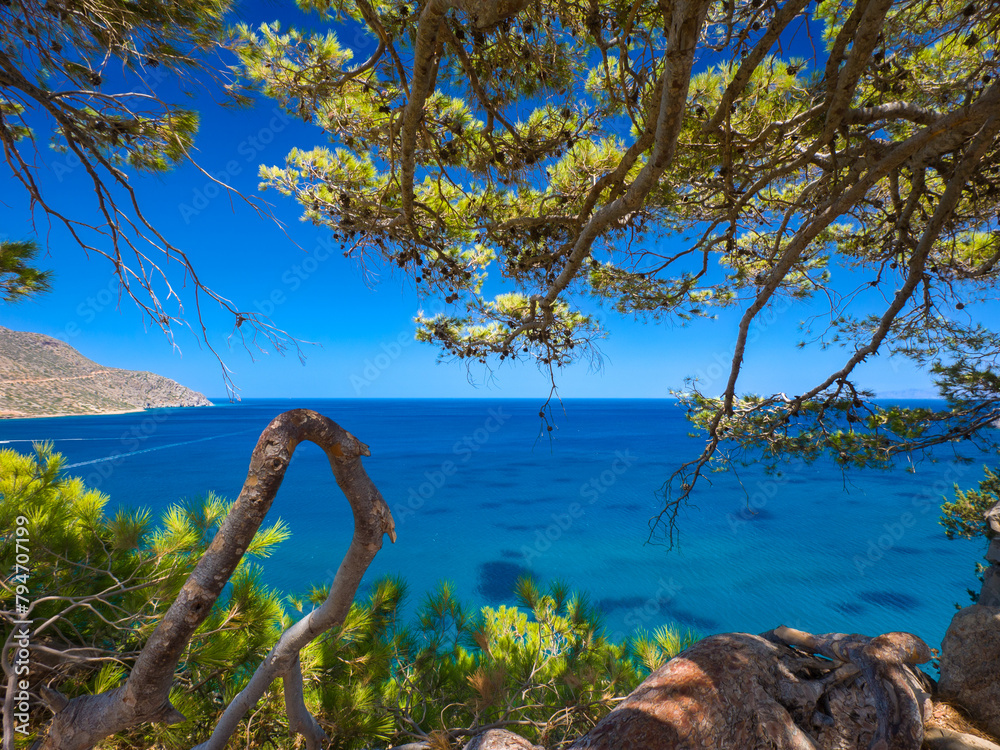 Fototapeta premium Looking over a sea from a hilltop (Spinalonga Island, Crete, Greece)