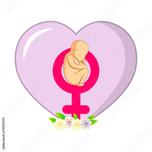Vector illustration of female foetus with heart and flowers on transparent background