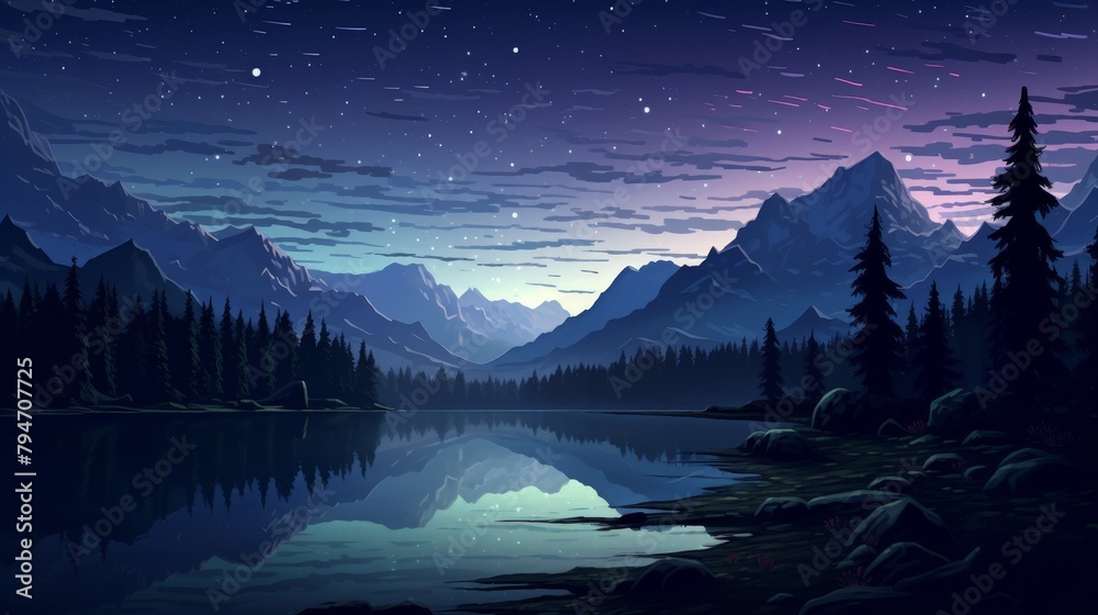 A beautiful landscape with mountains, trees, and a lake. The sky is dark and there are stars in the sky. The water in the lake is calm and still.