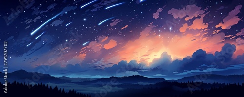 A beautiful landscape with a starry night sky and a mountain range in the distance.