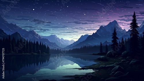 A beautiful landscape with mountains  trees  and a lake. The sky is dark and there are stars in the sky. The water in the lake is calm and still.