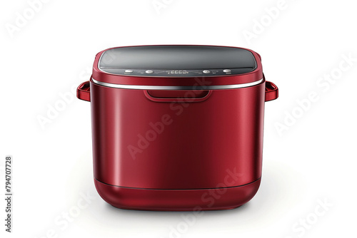 A stylish bread maker with a glossy red exterior and a non-stick bread pan isolated on a solid white background.