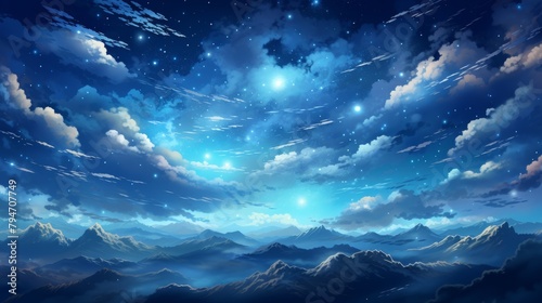 A beautiful night sky with bright stars and clouds over a mountain range. photo