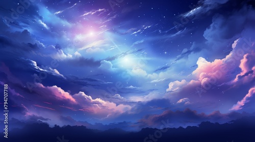 A beautiful painting of a night sky with bright shining stars and a colorful nebula.