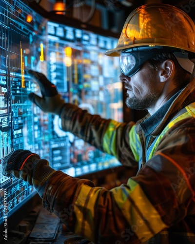 A construction worker operates heavy machinery with precision, guided by a HUD virtual screen displaying safety protocols, equipment status, and project blueprints