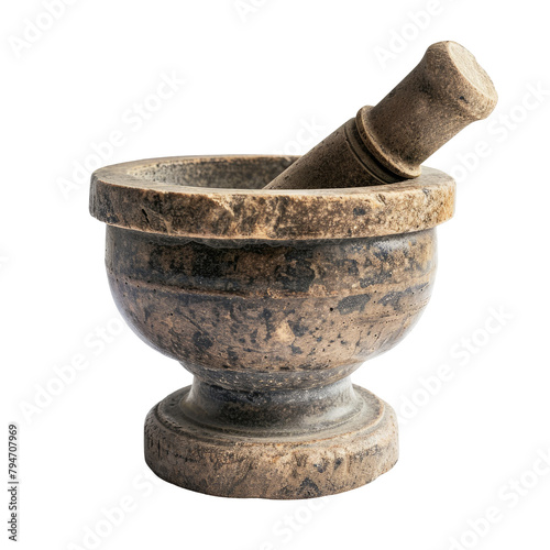 A close up shot of an old stone mortar and pestle isolated on transparent background with selective focus