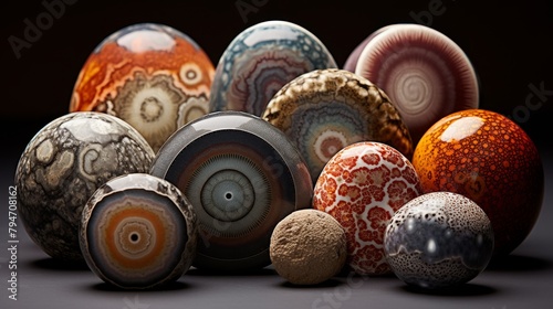 A collection of spheres and disks made of various types of rock and minerals. photo