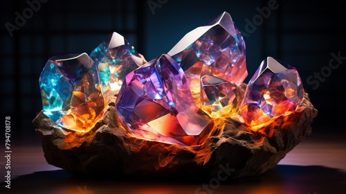 A cluster of glowing crystals in shades of blue  purple  and pink.