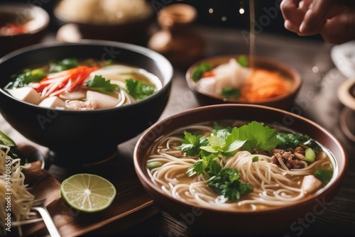 'soup pho bo vietnamese food noodle beef asian vietnam dish bowl cookery meat rice background broth vegetable sliced rare diet cooking onion lime chili coriander hot tasty healthy delicious exotic'