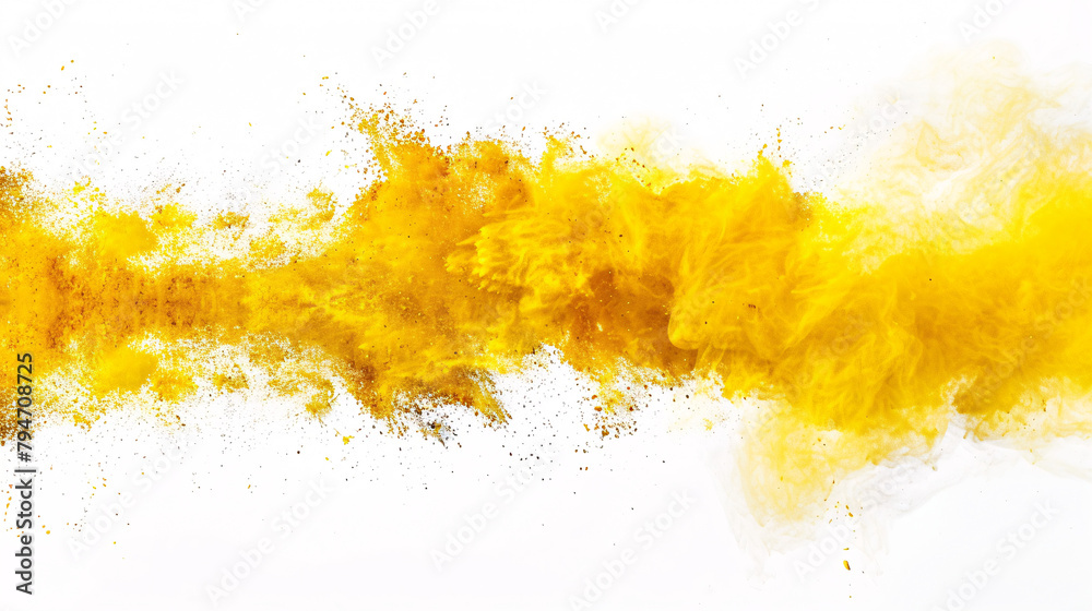 Abstract yellow dust shattered in white background, yellow dust sprinkles in air, yellow dust explodes horizontally 