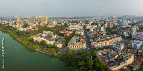 Aerial drone view of Hanoi old quarter in Hoan Kiem district with Trang Tien and Dinh Tien Hoang street