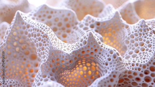 Close-up of a white structure with an organic, porous design.
