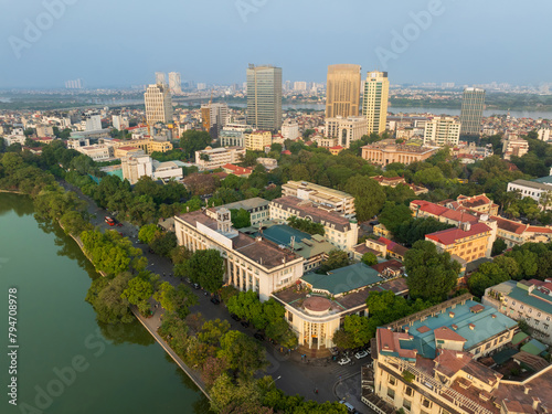 Aerial drone view of Hanoi old quarter in Hoan Kiem district with Trang Tien and Dinh Tien Hoang street