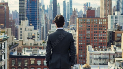 A man in a business suit stands on a rooftop back to the camera as takes in the bustling city skyline. looks pensive and . .