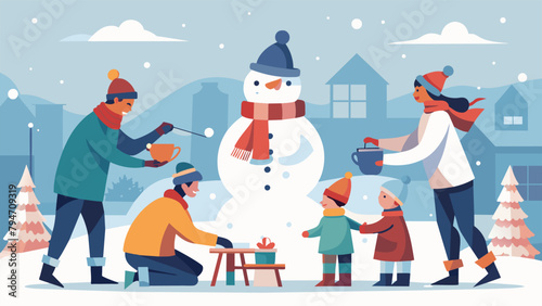 A group of children wearing festive hats and scarves excitedly building a snowman together in the front yard while their parents prepare a warm