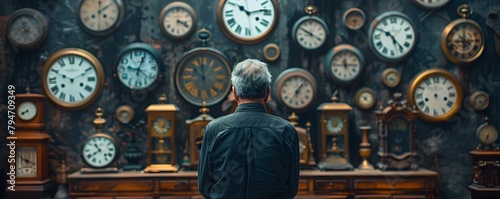Fragile Passage of Time An Elderly Man s Silhouette Amid Cascading Antique Clocks photo