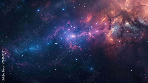 Ethereal space scene background with a galaxy dotted with bright nebulae and scattered stars
