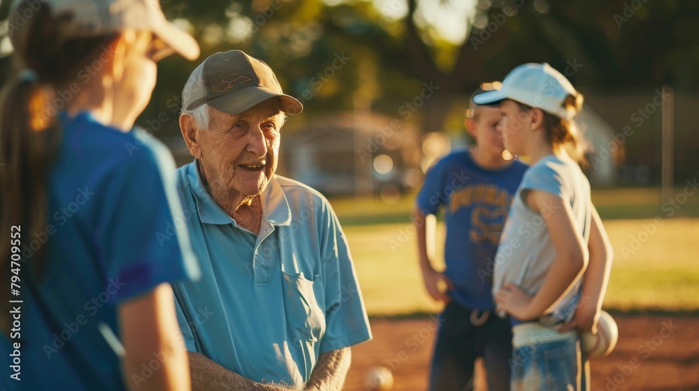 Elderly man coaching a children's baseball team at a community field Elderly man coaching a children's baseball team at a community field