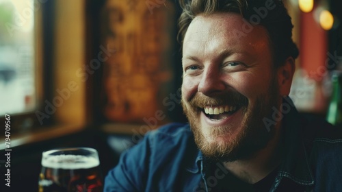 A smiling bearded man savoring a pint of beer in a cozy pub atmosphere, capturing a moment of joy and relaxation. photo