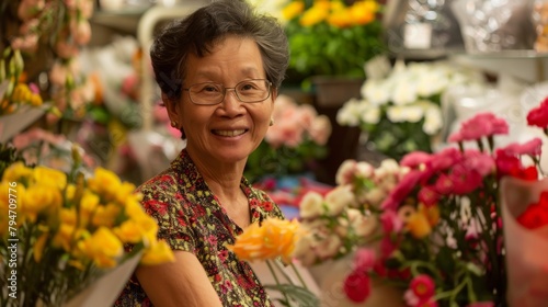 Joyful elderly Asian woman amongst a vibrant assortment of flowers in a shop. © tashechka