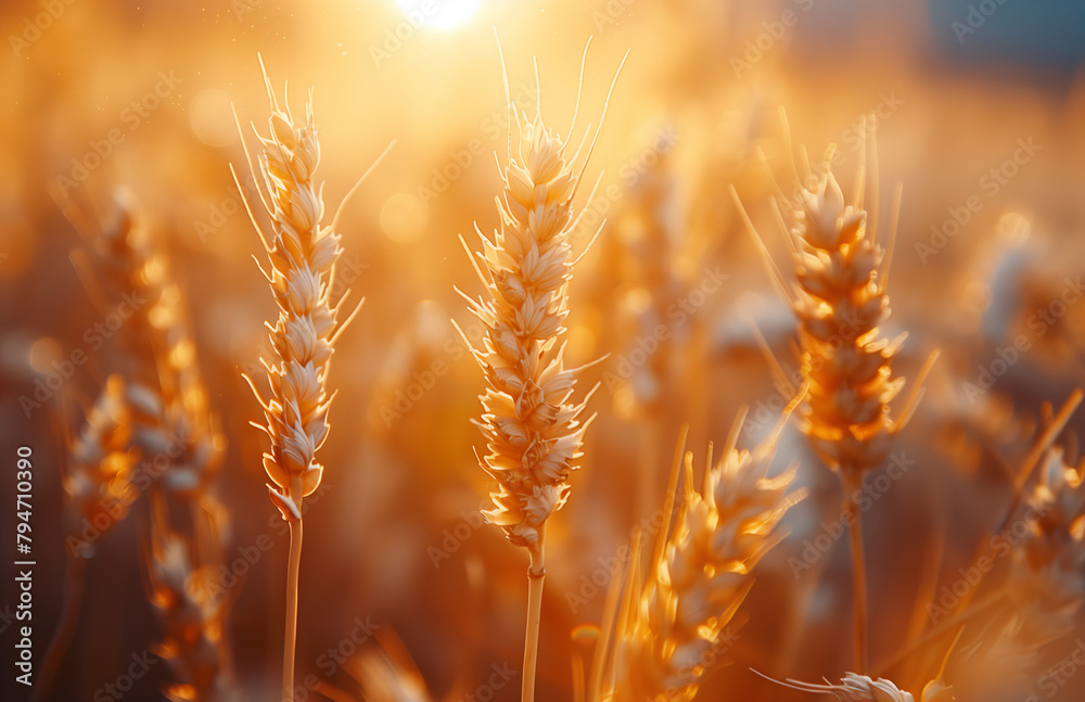 Wheat field in sun close-up with soft focus. Ears of golden wheat. Beautiful cereals field in nature on sunset, summer landscape in shining sunlight