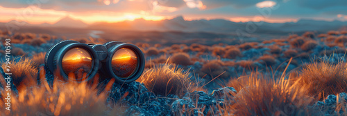 sunset over the field,
3D Rendered Binoculars Overlooking a Landscape photo