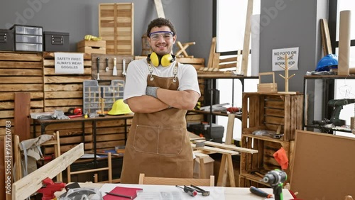 Smiling craftsman in apron stands with crossed arms in a woodwork shop surrounded by tools and wooden planks. photo