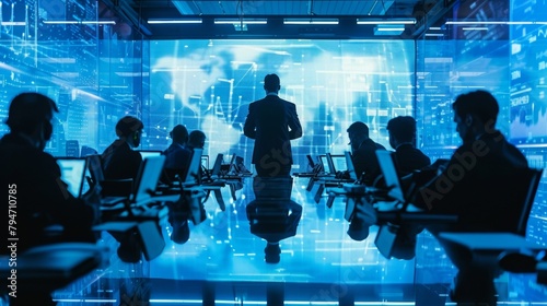 A lone economist stands in front of a large conference table giving a presentation to a group of attentive colleagues. The room is filled with the soft glow of computer screens and .