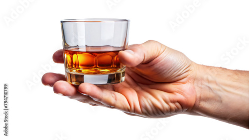 A hand grasps a snifter filled with amber liquid, brandy, whiskey, or cognac
