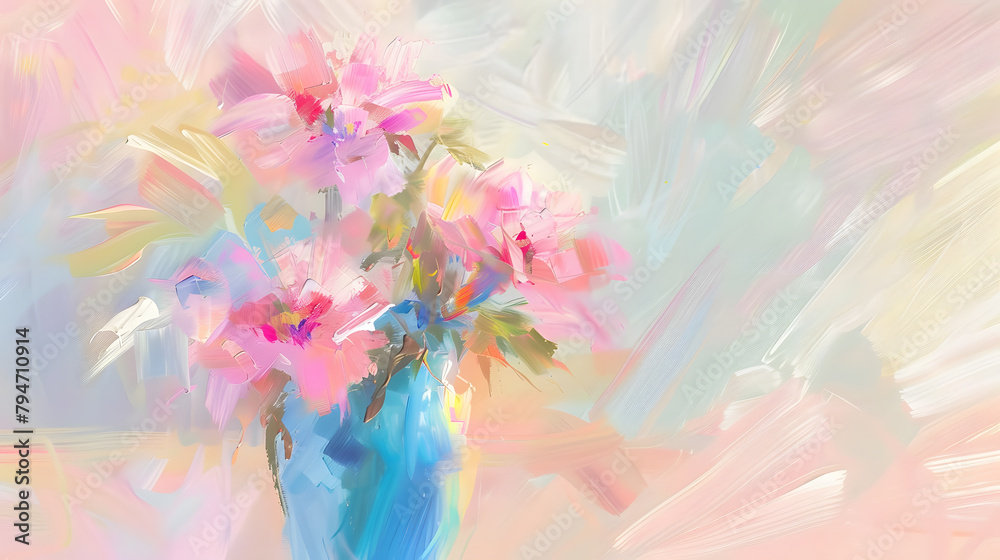 A creative arts painting of pink flowers in a blue vase - obrazy, fototapety, plakaty 
