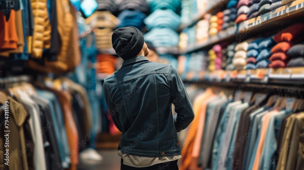 A person secretly pocketing merchandise while browsing in a busy retail store