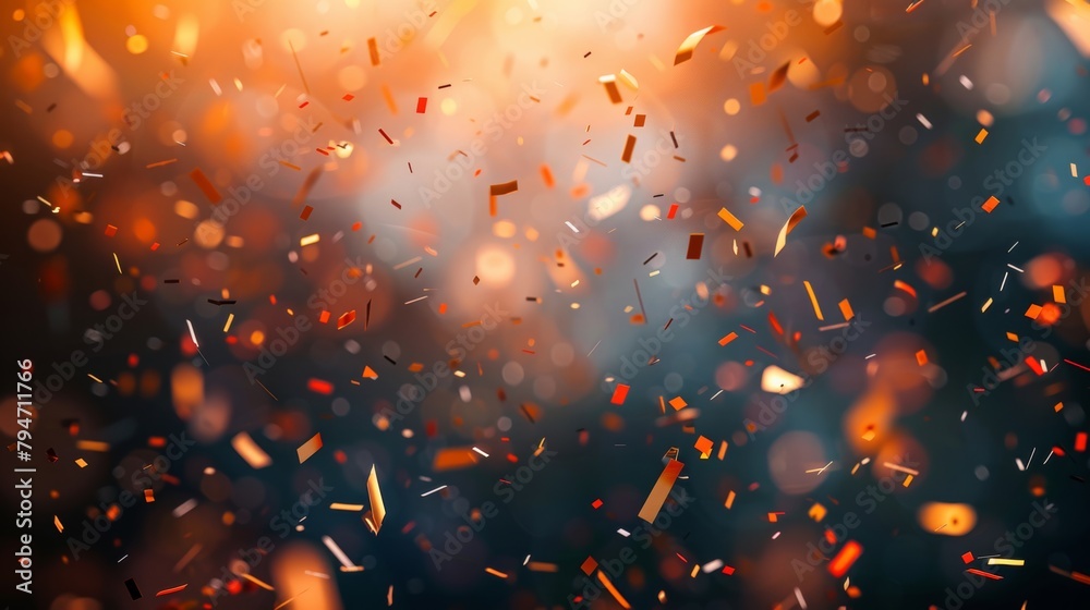 Abstract festive background with vibrant bokeh and floating confetti in a celebration atmosphere.