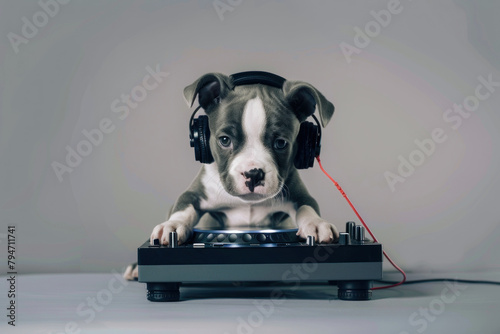 Puppy with headphones on, sitting at a DJ mixer, looking attentively ahead. photo