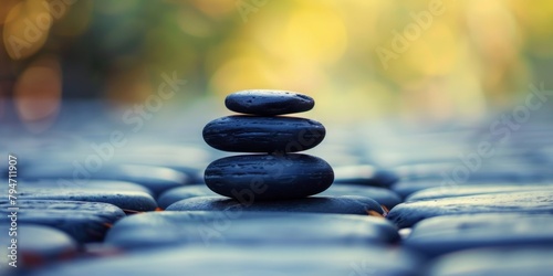 Harmonious stack of smooth black Zen stones in balance with a serene blurred natural background.