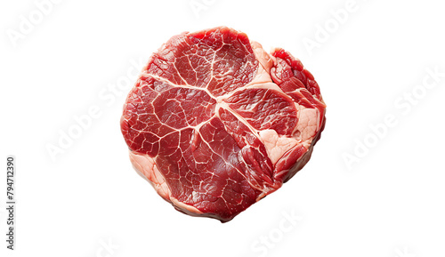 A top-down view of a raw round beef steak on a white background